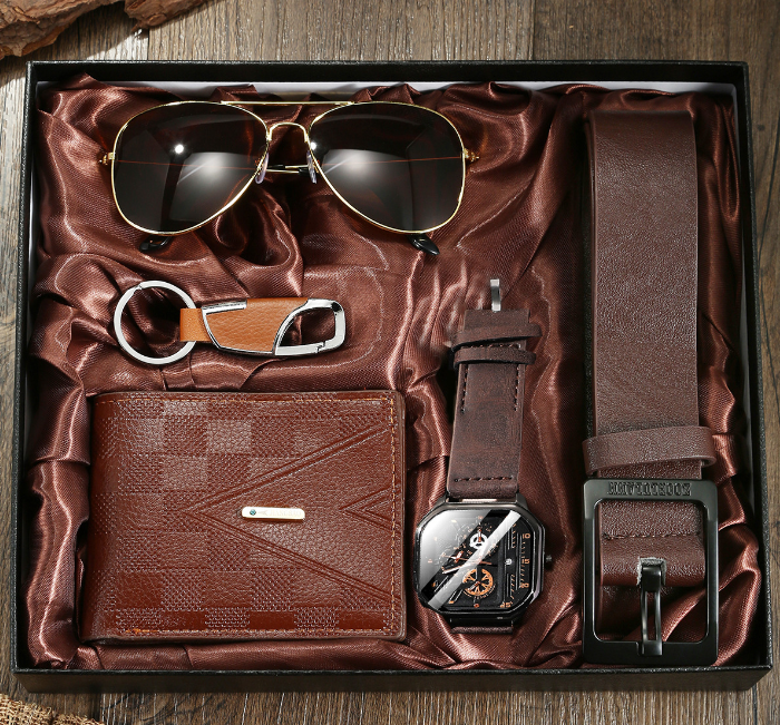 MD-A08223men gift set Business Gift set Wallet + belt belt + glasses + Watch 4pc 