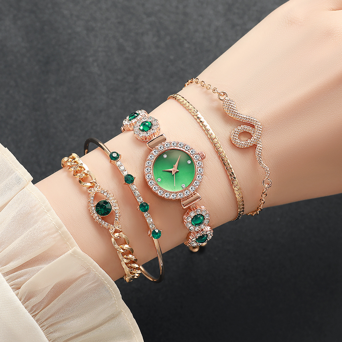 MD-S01711 5pcs/set Women's emerald rhinestone steel bracelet Set retro diamond e 