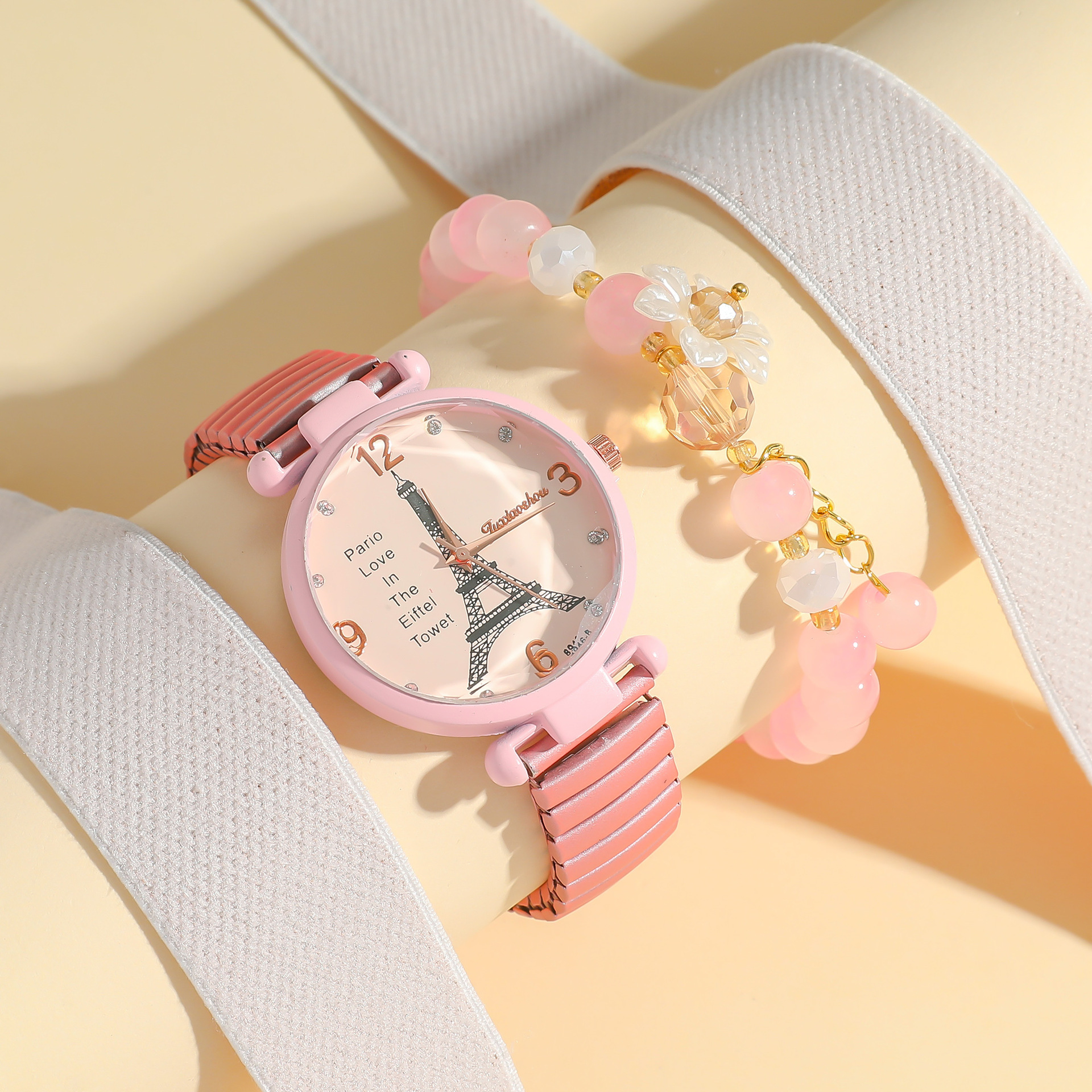 MD-S01311 Pink Eiffel Tower digital surface quartz watch girl bracelet set stude 