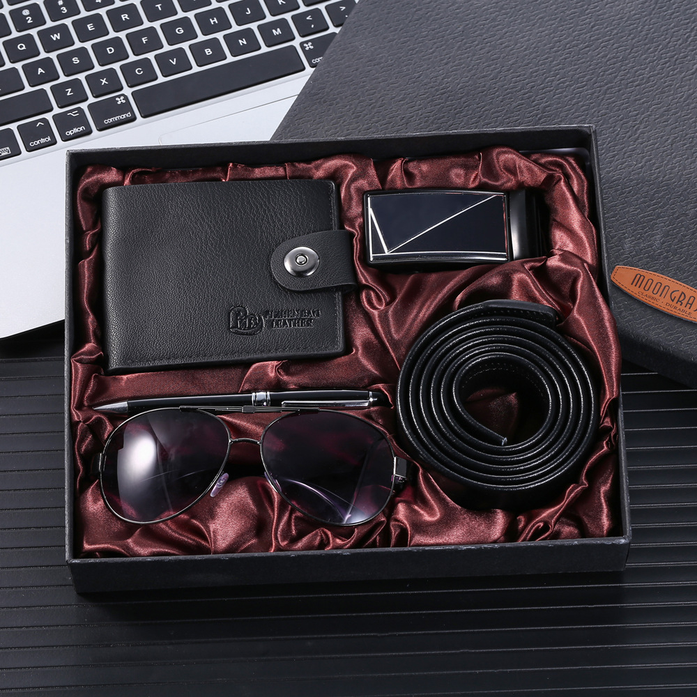 MD-A07377 Men's fashion Trend Exquisite Gift set Purple lens glasses + belt + pe 